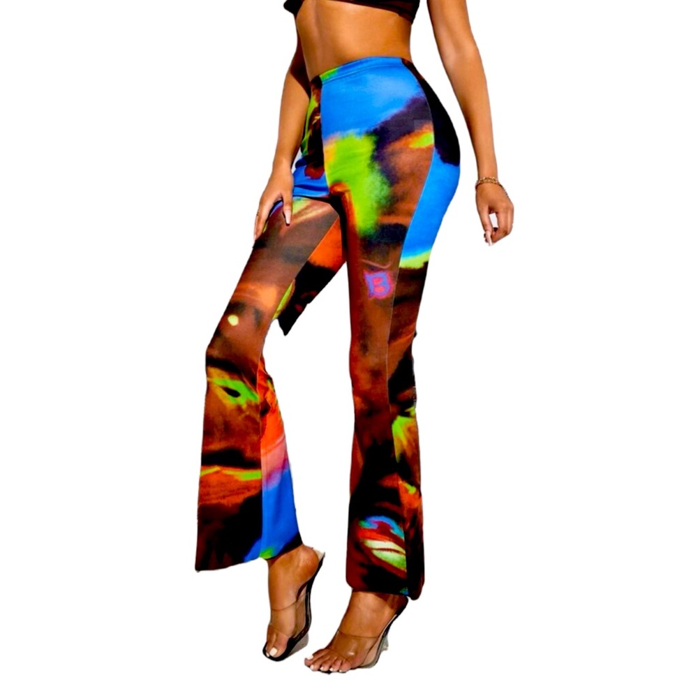 New Womans Tye Dye Multicolour Splash Print High Waist Stretchy Flare Leg Pants - Picture 1 of 9